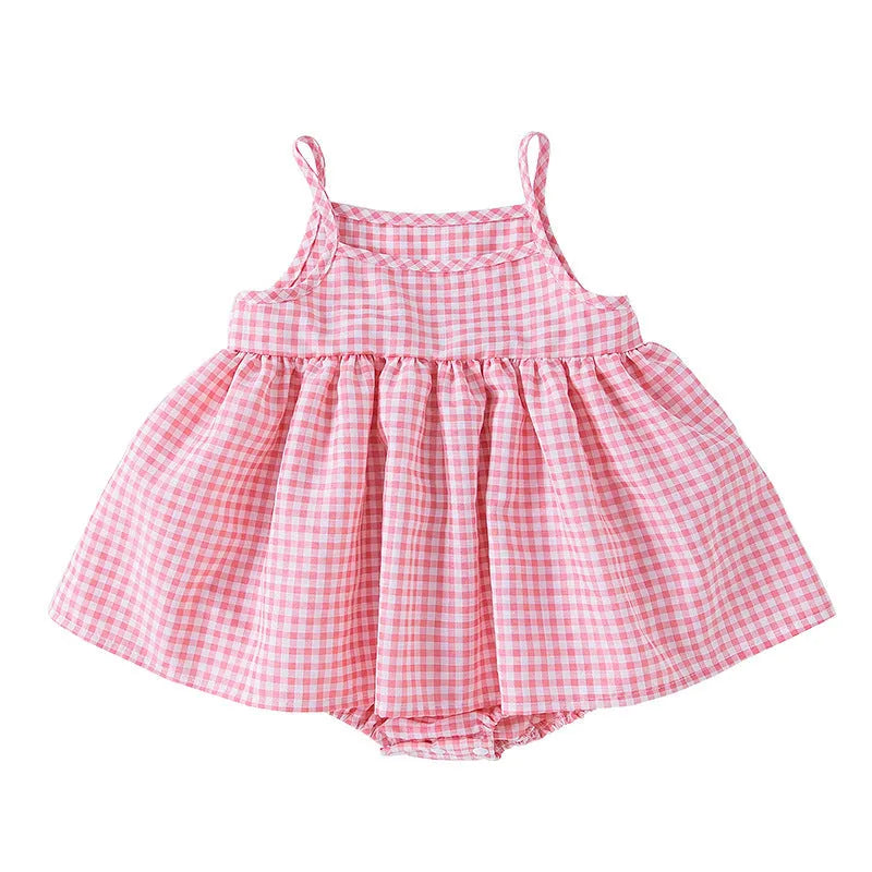 Korean style baby sling romper plaid dress in light green, polyester fabric, front view