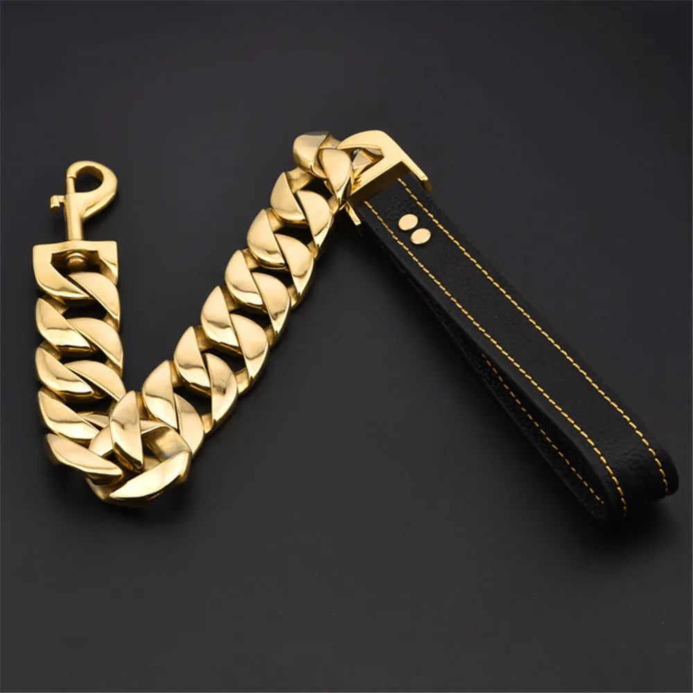 32mm stainless steel dog leash in gold with hand holding rope, available in 60cm 90cm and 120cm lengths