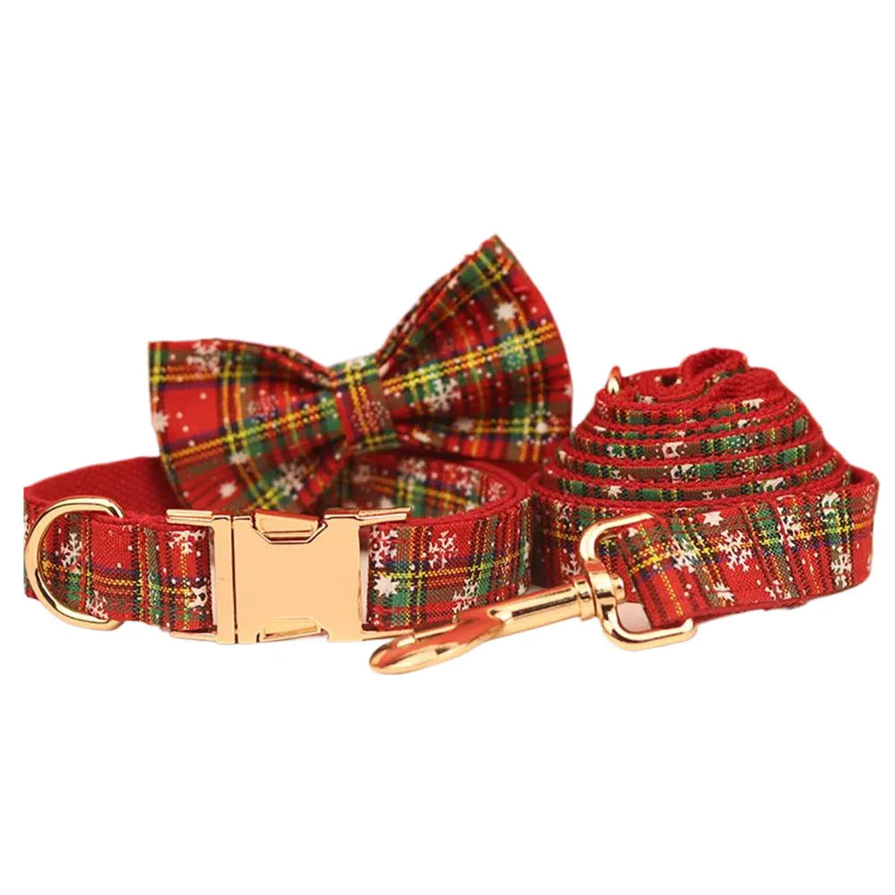 Christmas pet collar and leash set with plaid rope and festive dog vest showing snowflake bowknot flowers on red background