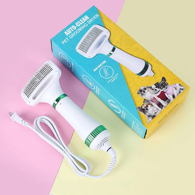 Second generation pet hair dryer with integrated hot air comb in platinum or white green.