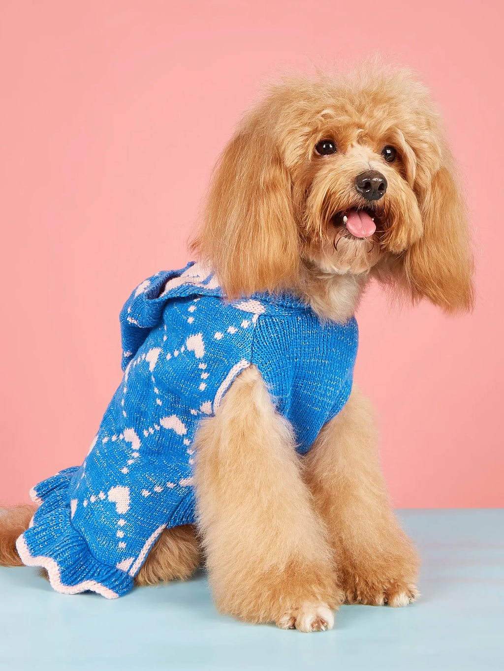 Small dog knit hoodie dress sweater with heart design in blue, gray, pink, or red, sizes XS to L