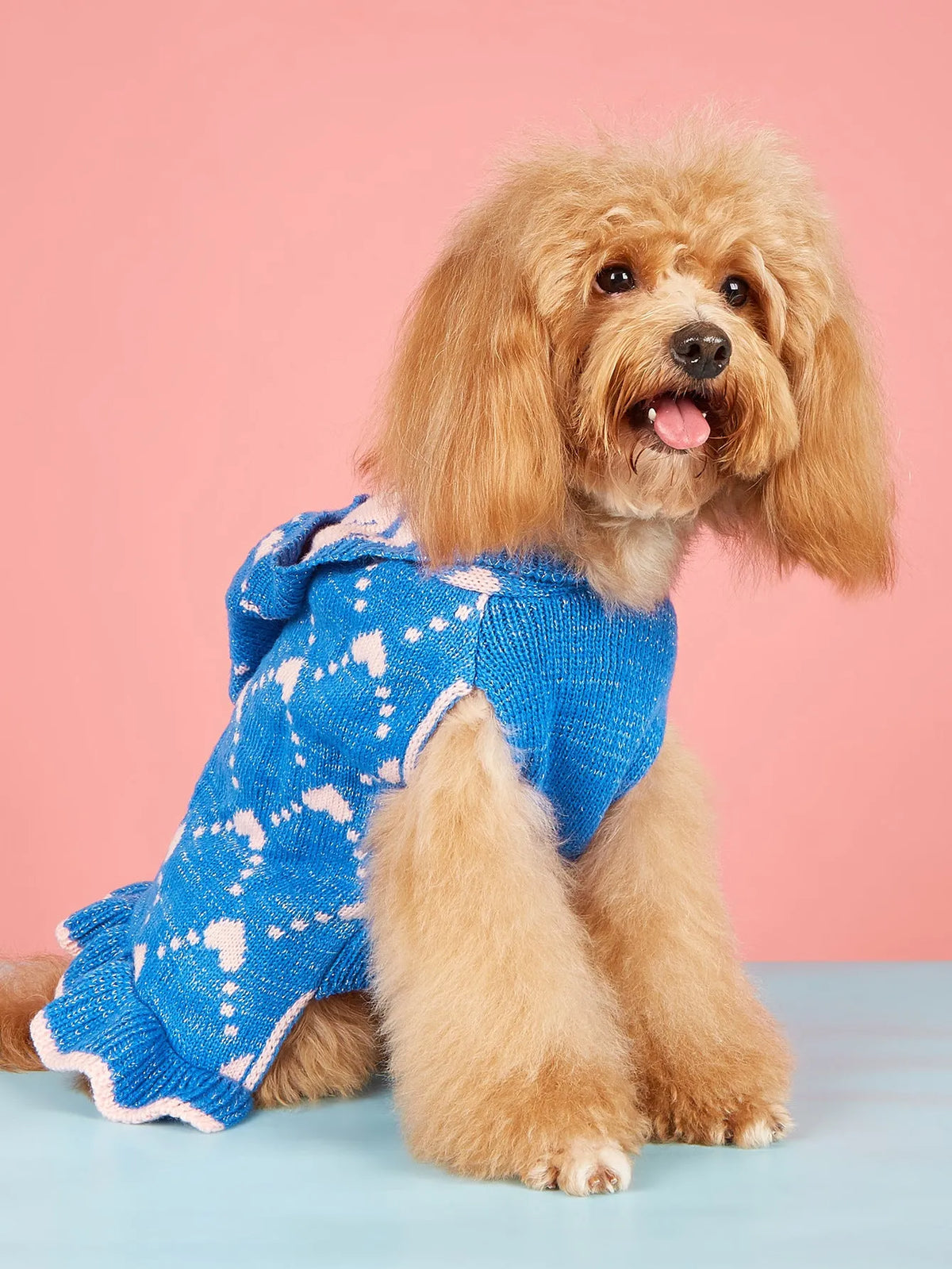 Small dog knit hoodie dress sweater with heart design in blue, gray, pink, or red, sizes XS to L