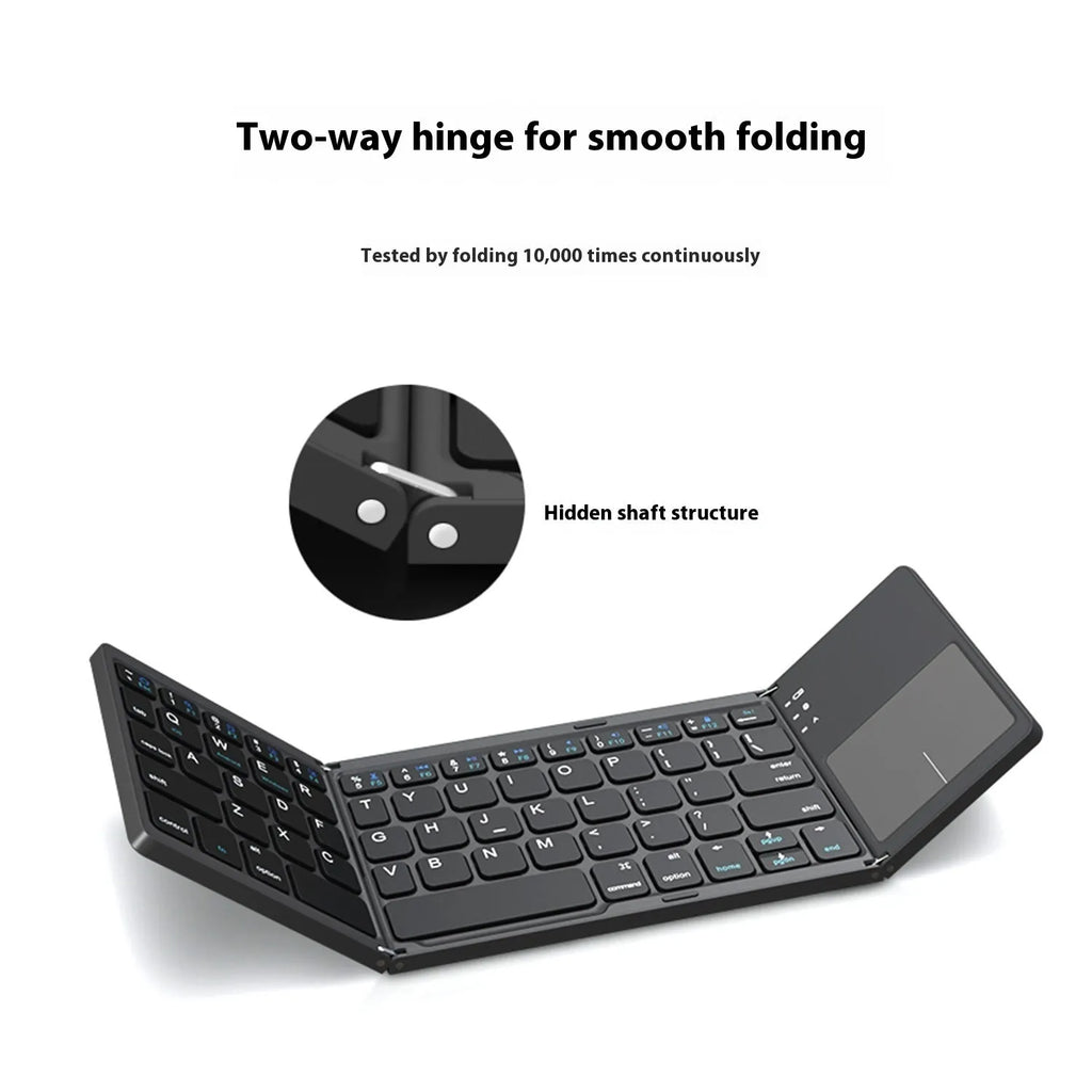 Mini tri-fold Bluetooth keyboard unfolded showing black keys and silver casing
