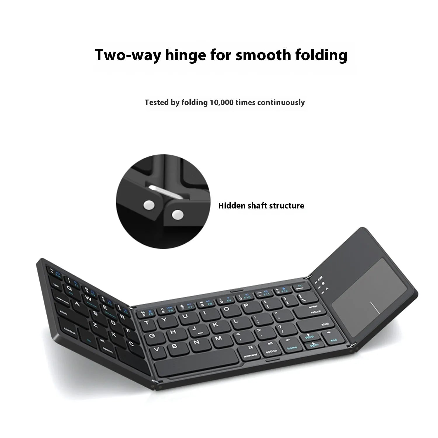 Mini tri-fold Bluetooth keyboard unfolded showing black keys and silver casing