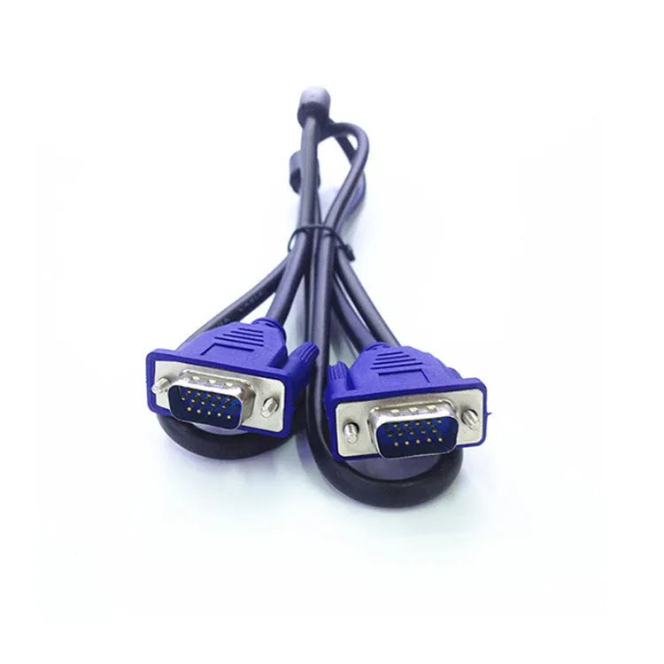Black VGA cable with blue moulded heads measuring 1.5 metres for computer monitor connections