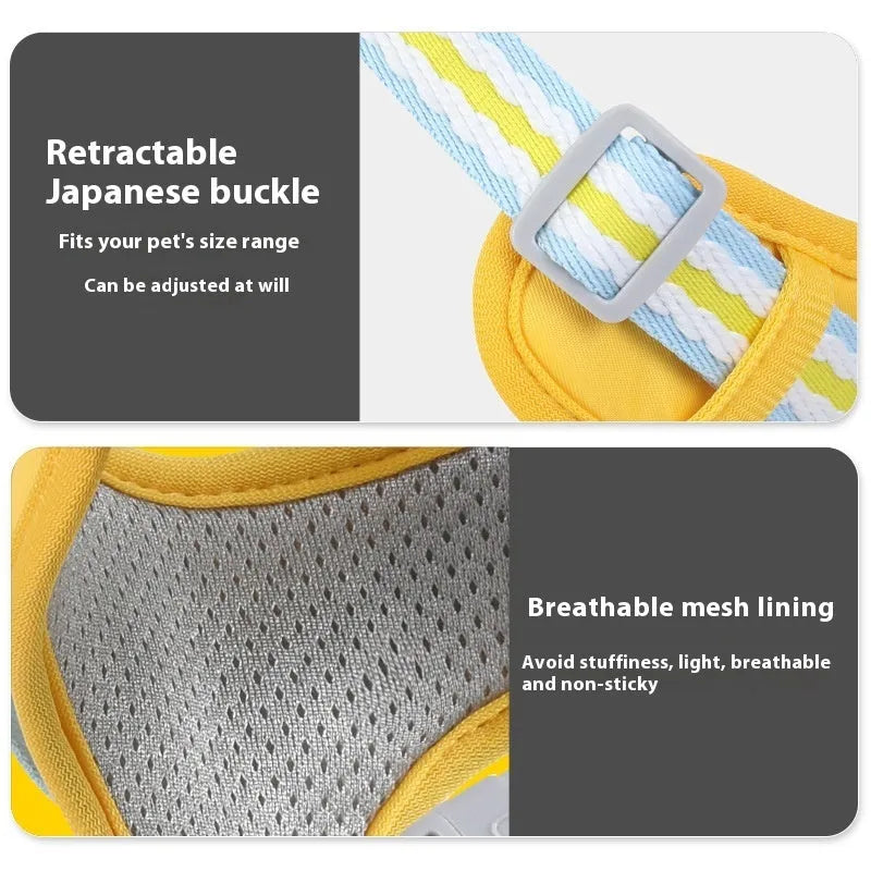 Explosion-proof anti-strangulation pet harness in Oxford cloth with attached traction rope.