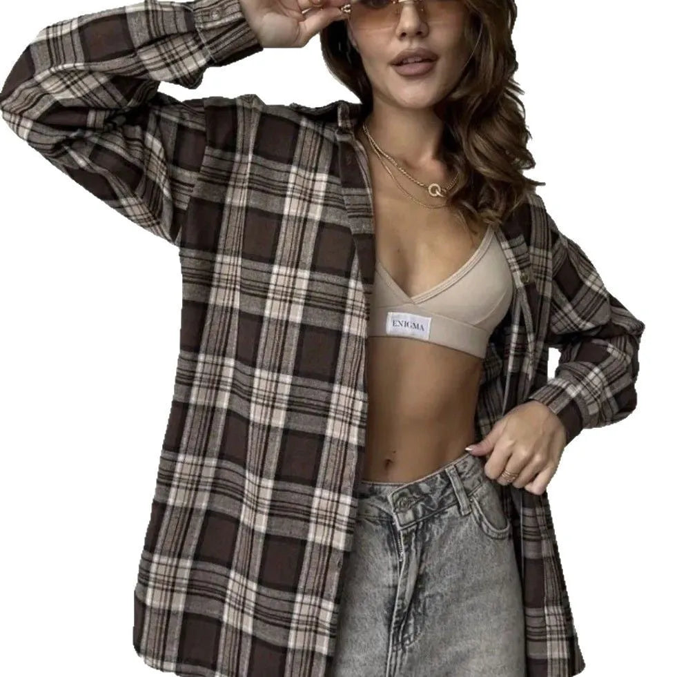 Dark brown striped women's long sleeve retro shirt on a hanger, showing collar and sleeve detail.