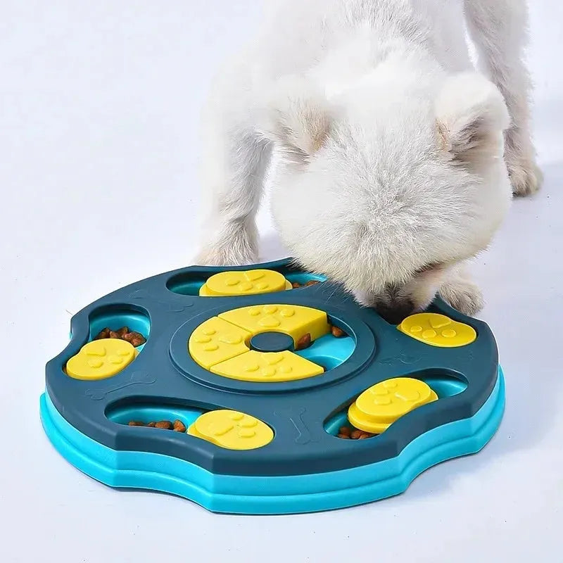 Blue interactive dog puzzle feeder toy with food compartments for mental stimulation during mealtimes