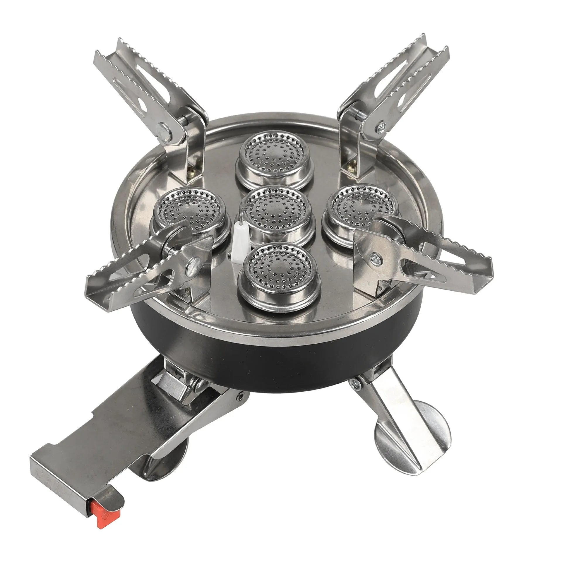 Silver foldable stainless steel and copper split camping stove with a long hose, shown closed for transport.