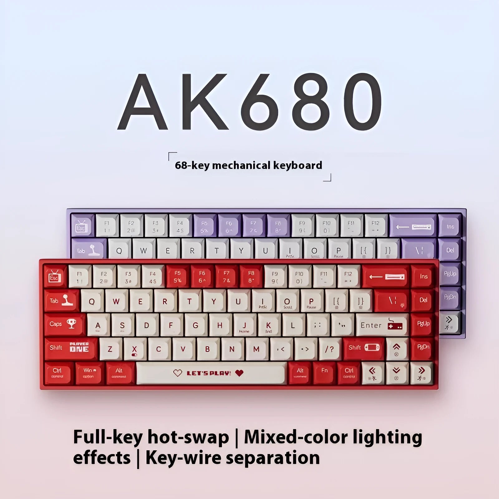 Ajazz AK680 DIY wired mechanical keyboard with hot-swappable red, green, or tea switches on a desktop