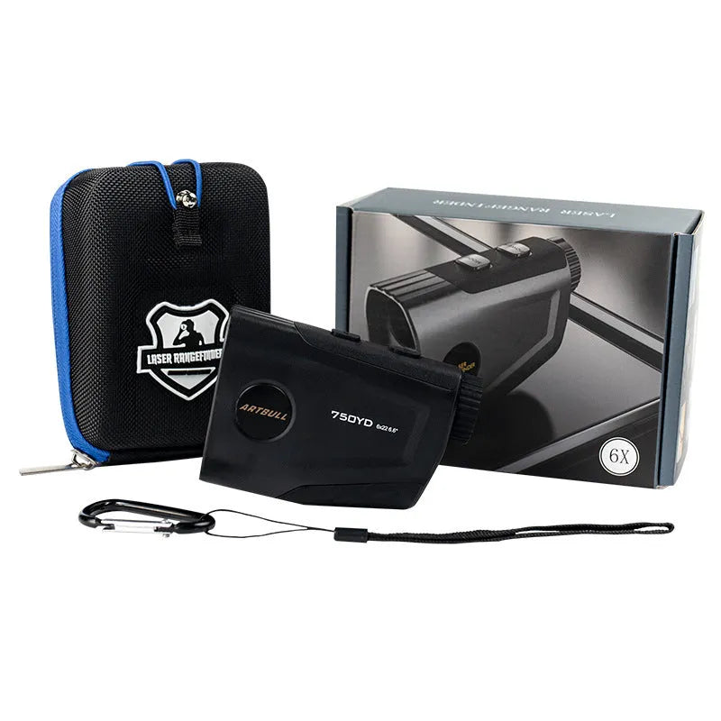 Golf laser rangefinder with LCD display showing distance measurement, Type-C charging port