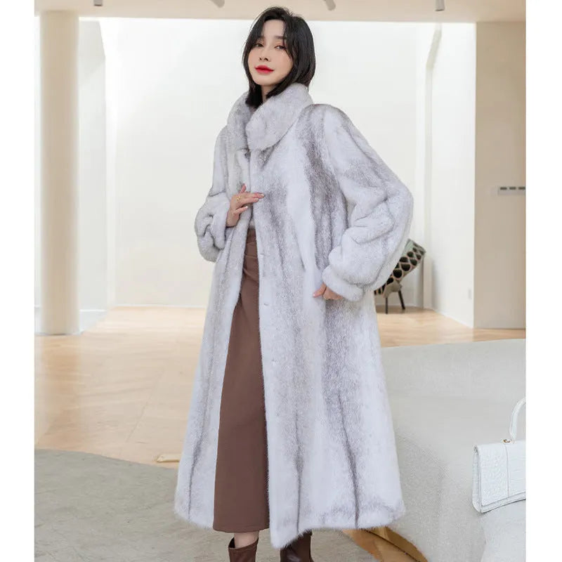 White women's faux fur coat with a stand-up collar, shown at 80cm length.