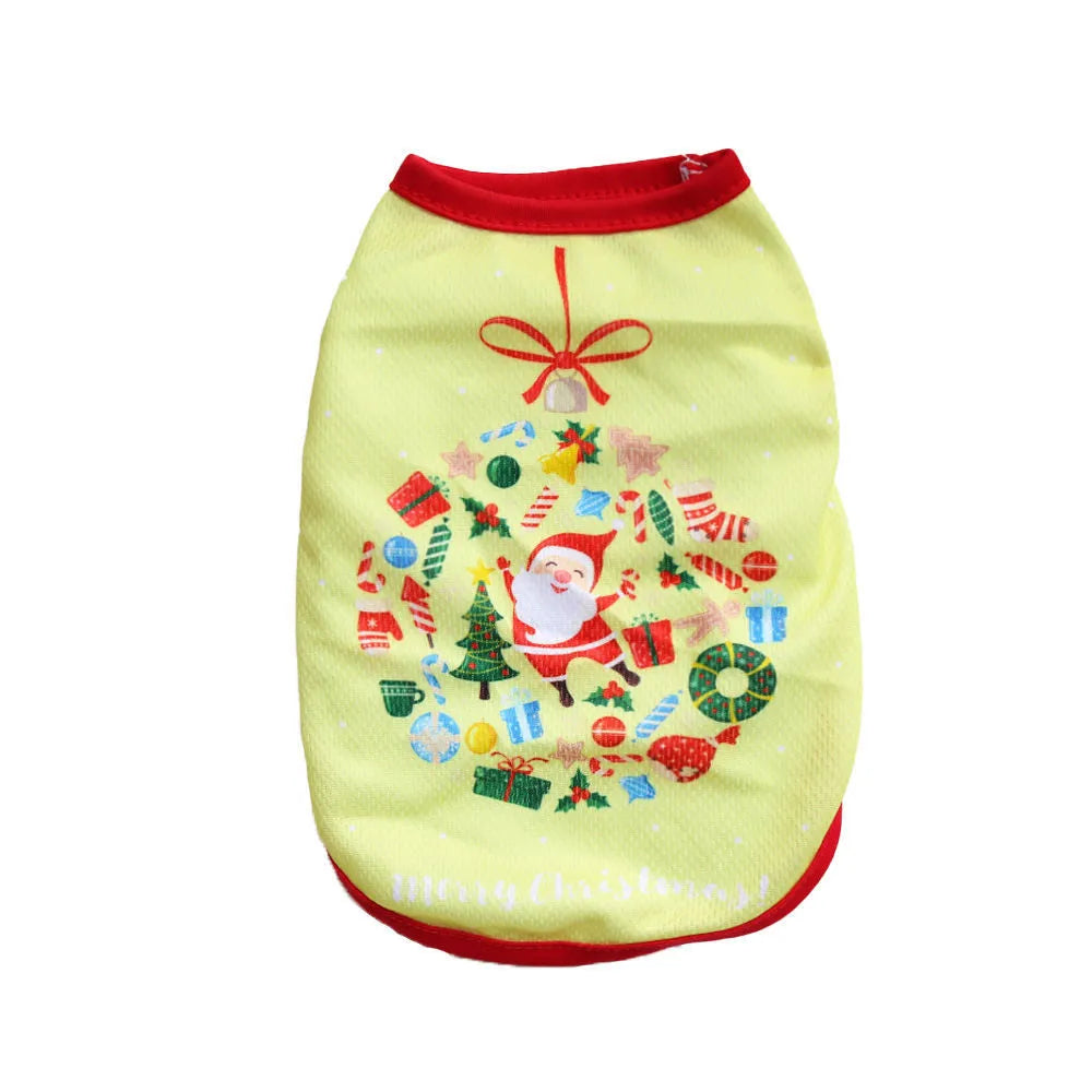 Christmas pet vest for small dogs and cats, non shedding polyester, short style, available in sizes XS to XXL with Santa and tree prints
