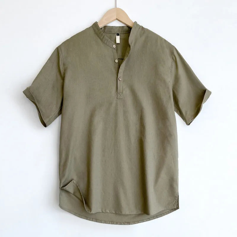 Men's solid colour short sleeve t-shirt in thin cotton linen fabric, shown in optic linen, white, grey green, and black.