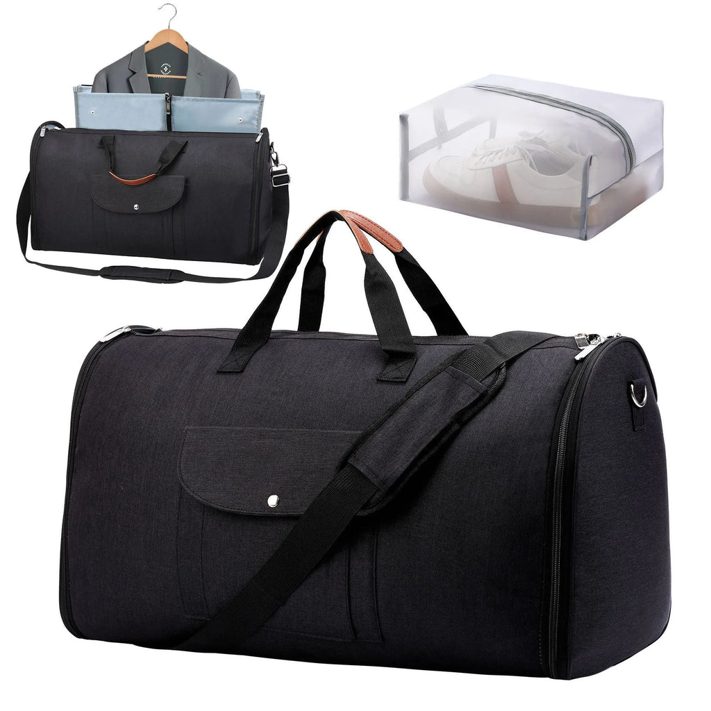 Dark blue Oxford cloth duffel bag with side handle and adjustable shoulder strap.