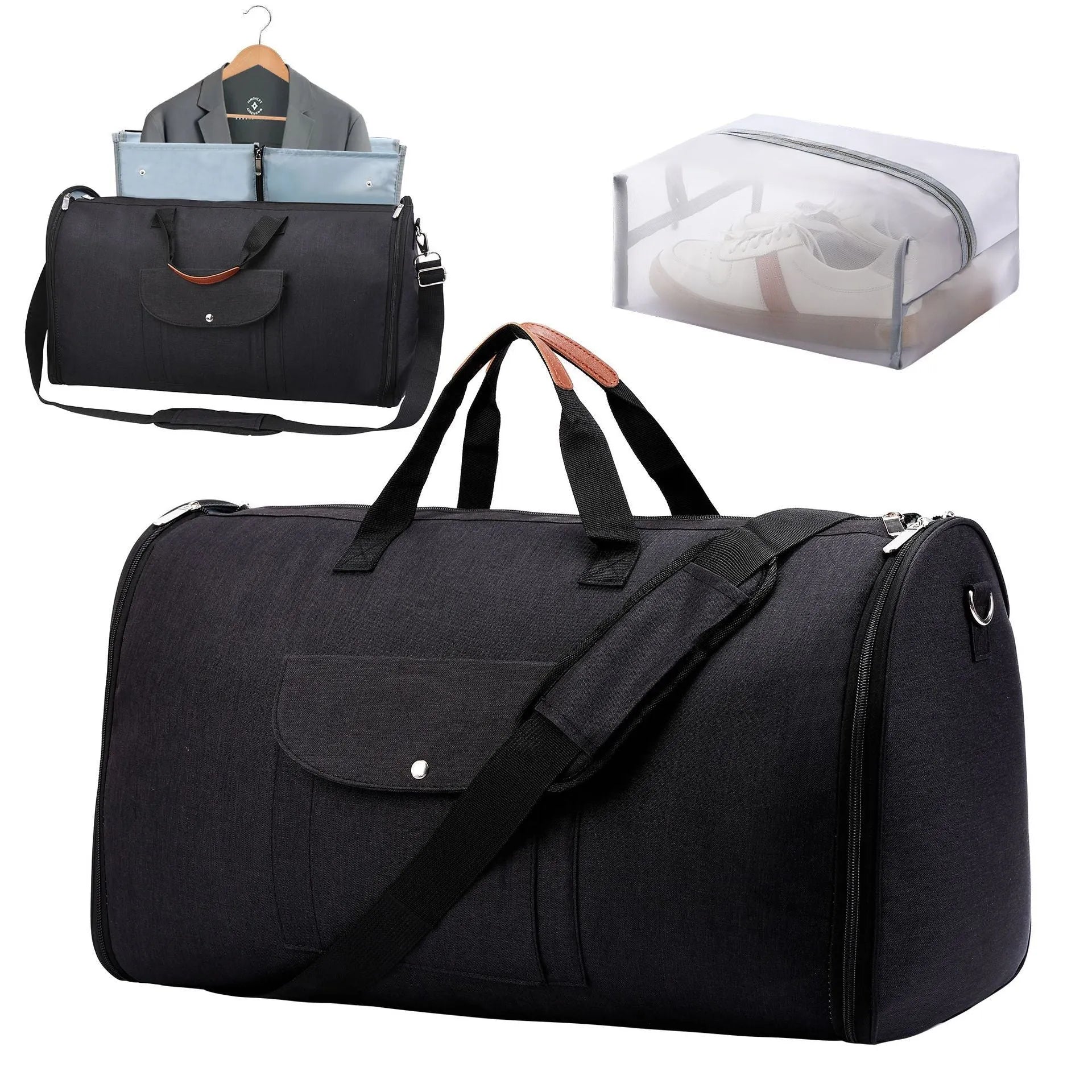 Dark blue Oxford cloth duffel bag with side handle and adjustable shoulder strap.