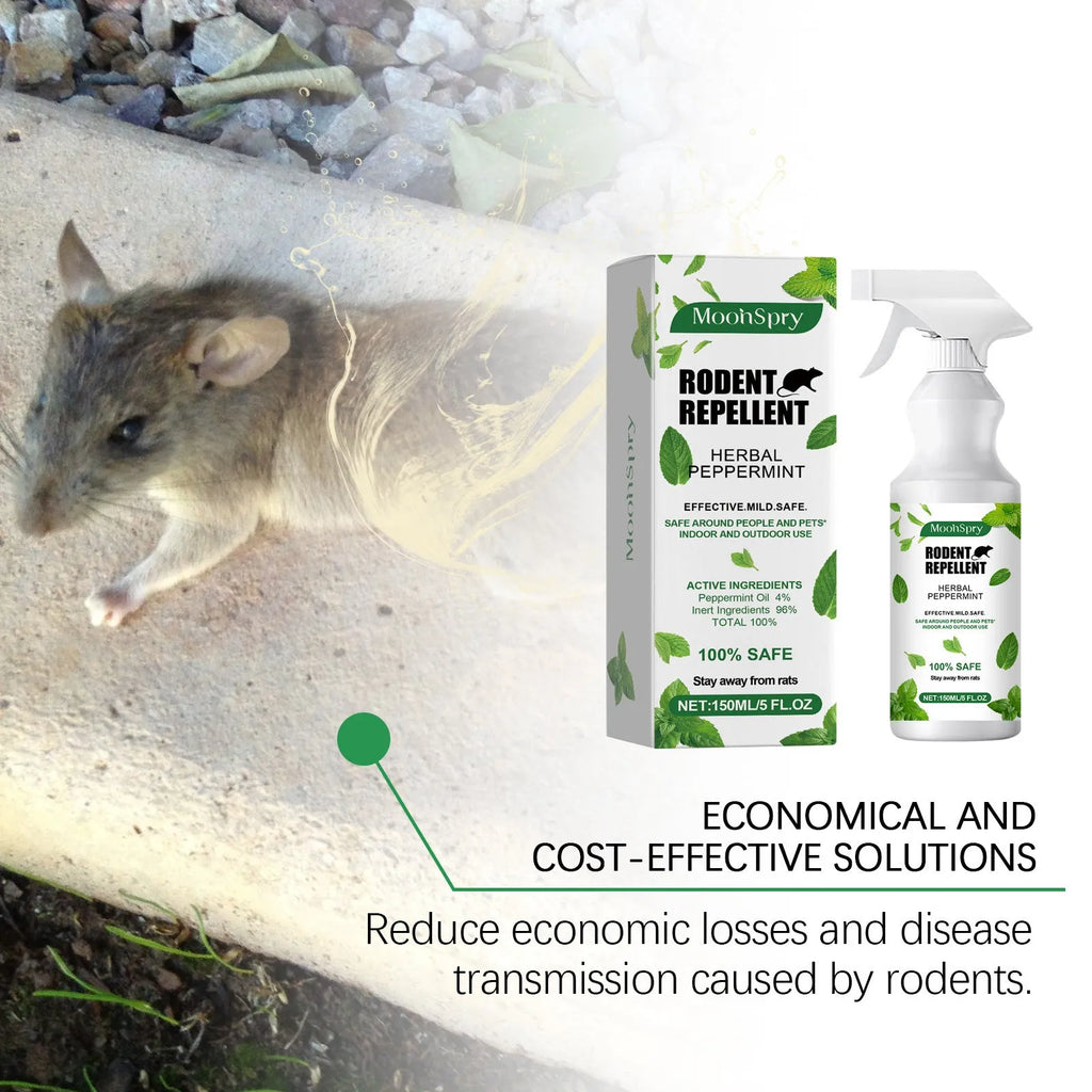 150ml mint-flavoured rodent repellent spray in a clear plastic bottle with a green label and trigger nozzle