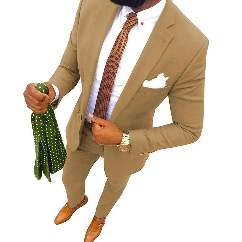 Men's two-piece cotton banquet suit in a choice of colours, showing jacket and trousers.