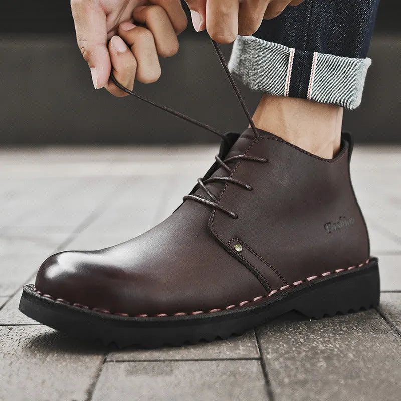 Men's casual business formal boots in black, round toe, microfiber leather, solid colour, sizes 38-44