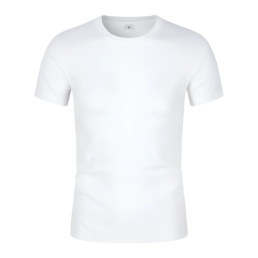 Men's solid colour cotton short sleeve t-shirt on a hanger, shown in black and white options.