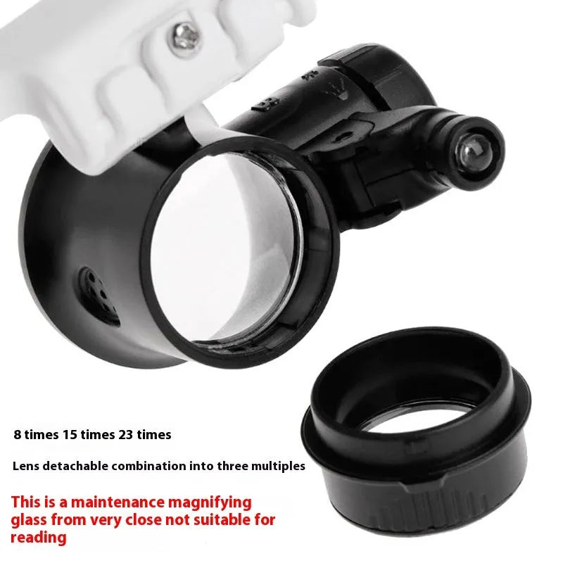 White foldable head-mounted magnifying glass with LED light for 30X precision repair work.