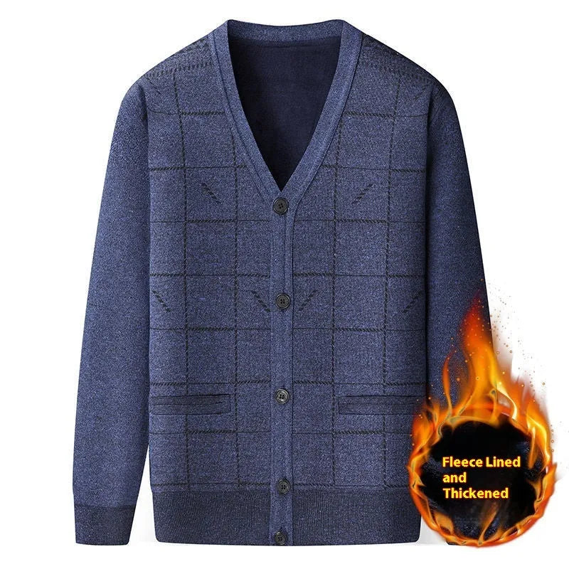 Men's dark grey fleece-lined cardigan with batwing sleeves on a hanger