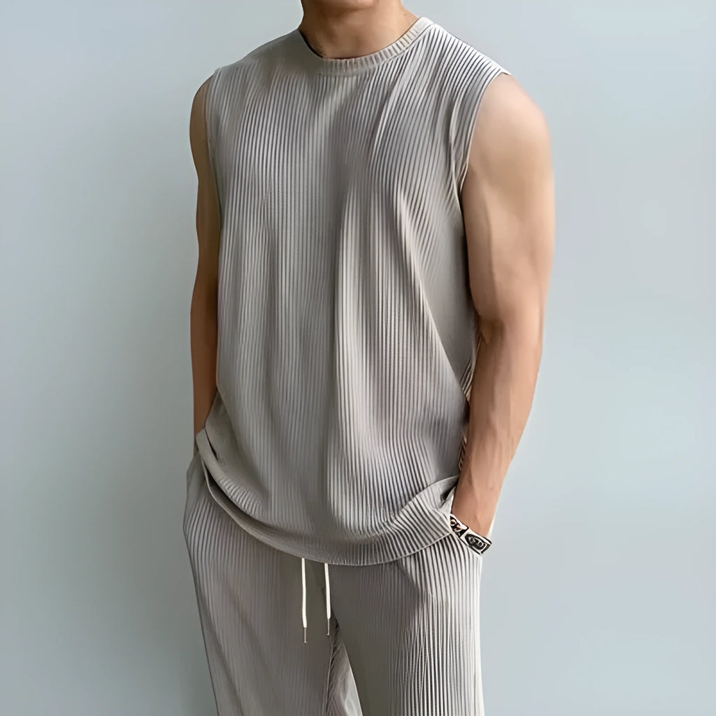 Men's polyester sleeveless tank top and trousers two-piece sportswear suit in t14 beige