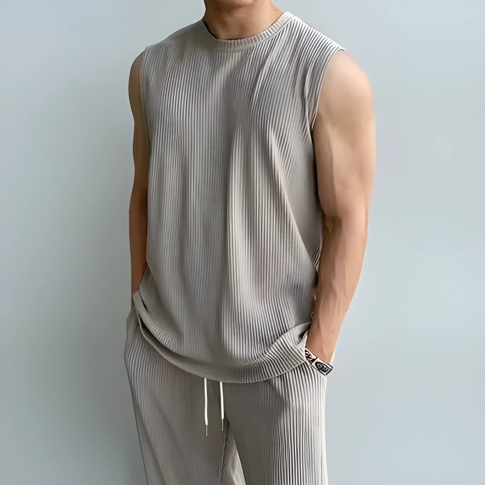 Men's polyester sleeveless tank top and trousers two-piece sportswear suit in t14 beige