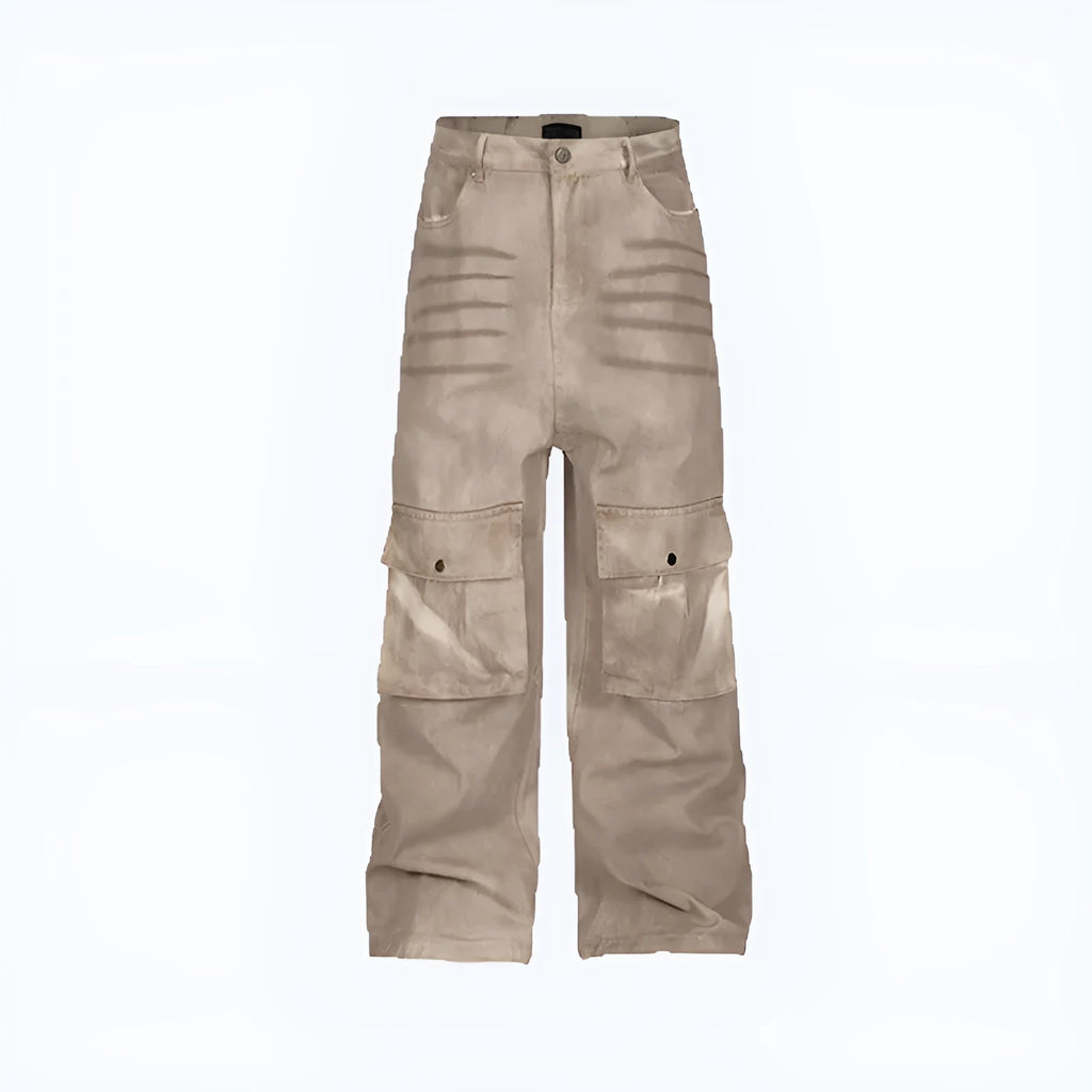 Marble dark pure cotton denim casual pants with a loose A-line fit and straight legs.