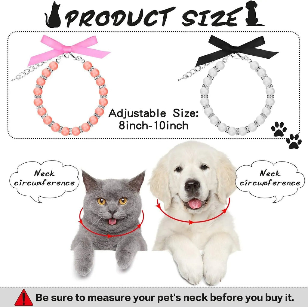 Small dog wearing blue imitation pearl necklace with rhinestones and ribbon bow adjustable collar