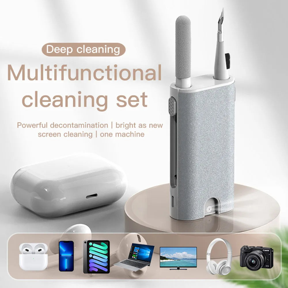 5-in-1 multifunctional screen and earphone cleaning kit with brush, sponge, and metal tip tools.
