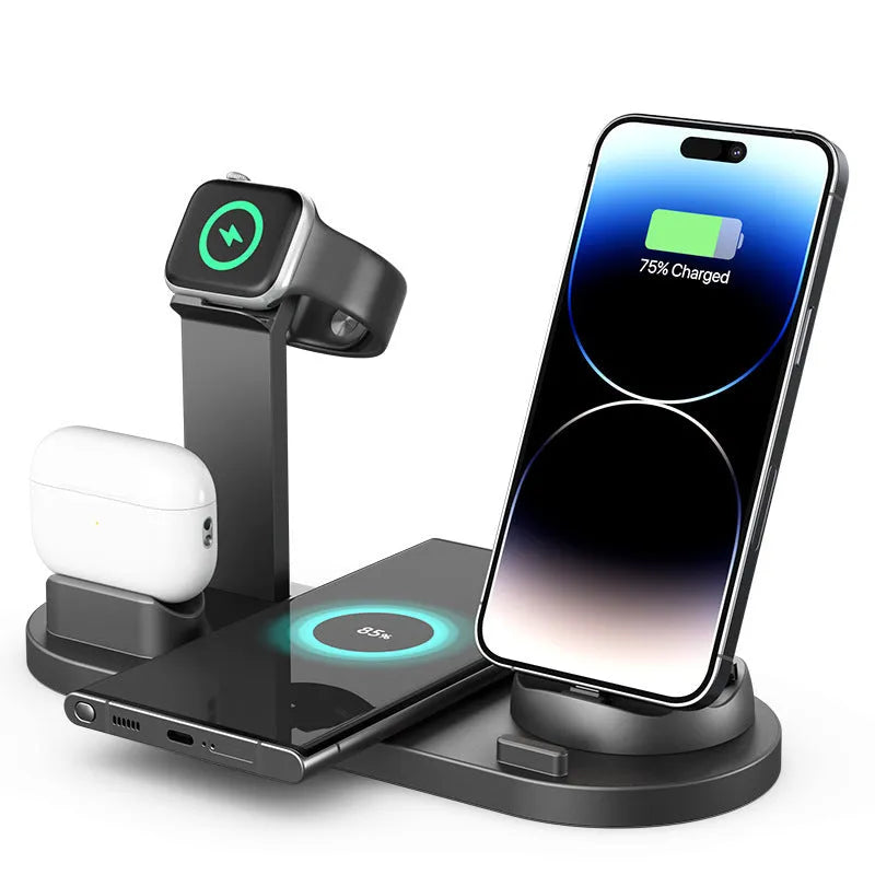 Black wireless charging stand holding a mobile phone and a smartwatch on a desk.