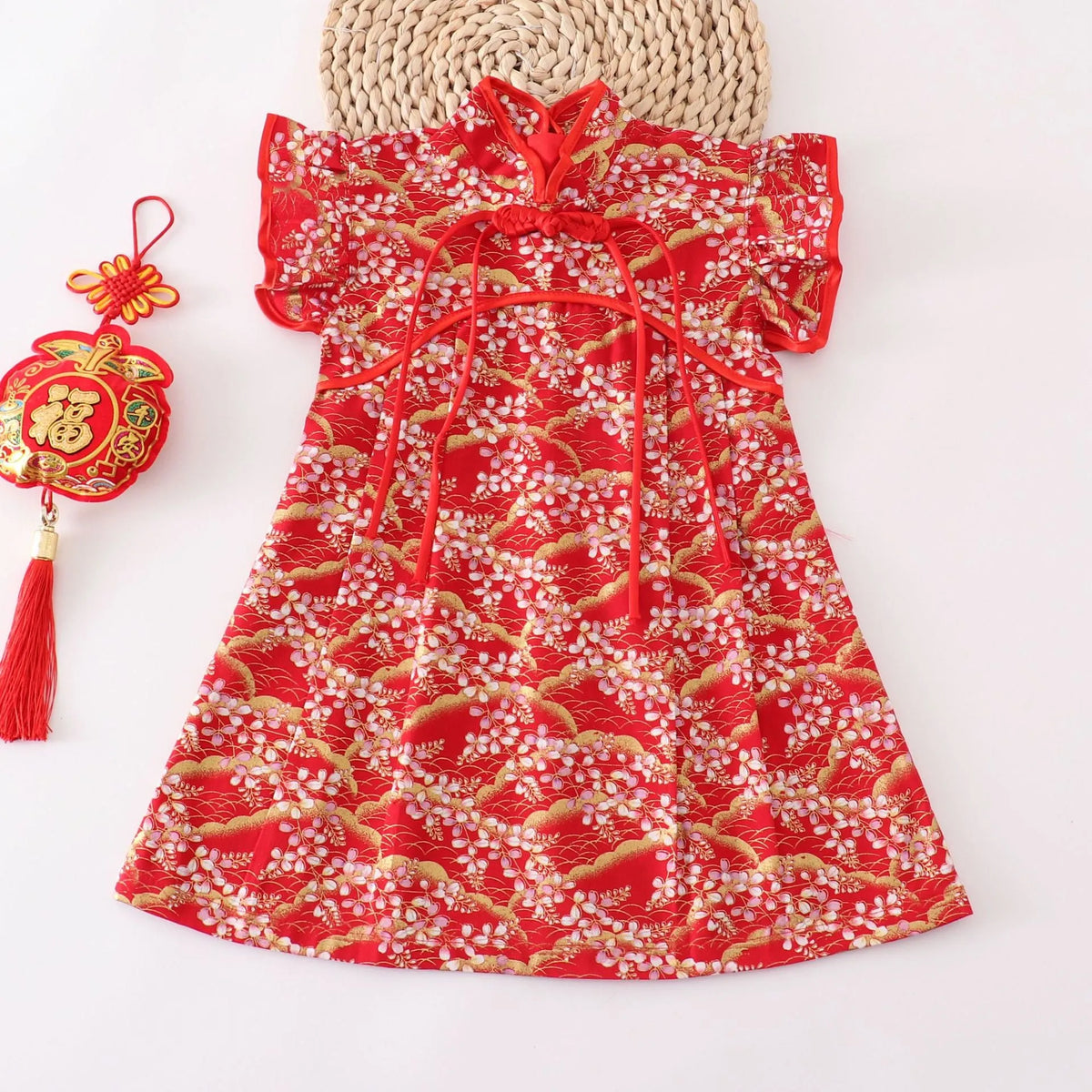 Girls Chinese style cotton dress with small floral splicing, available in red and other colours, heights 80cm to 150cm