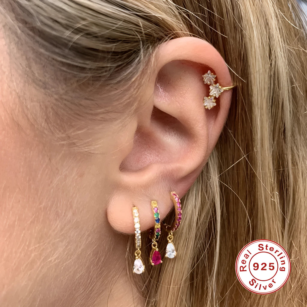 S925 sterling silver geometric water drop earrings with a choice of gold or silver tone finish and coloured gemstone centre.