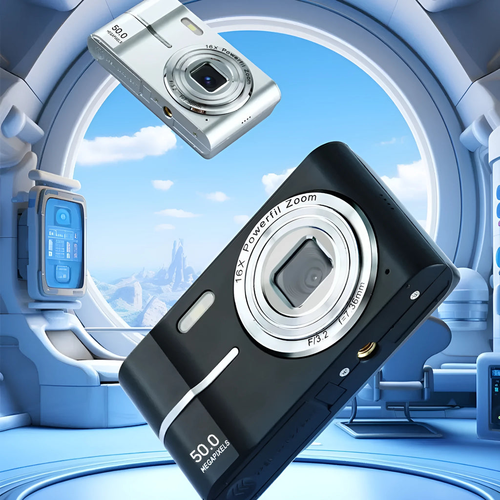 Student mini digital camera in black, green, pink, or white showing compact 90mm design with manual controls