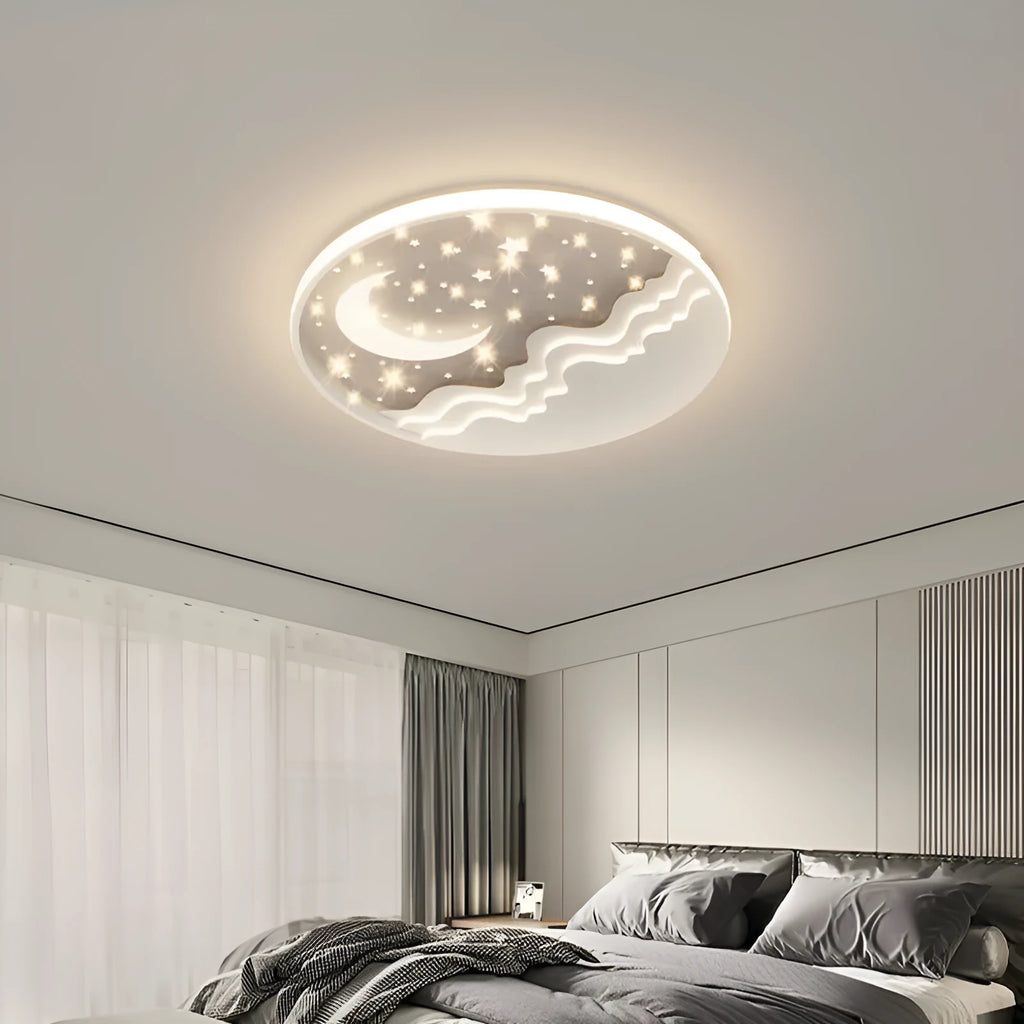 Moon-shaped romantic ceiling light for bedroom with wrought iron frame and acrylic panels