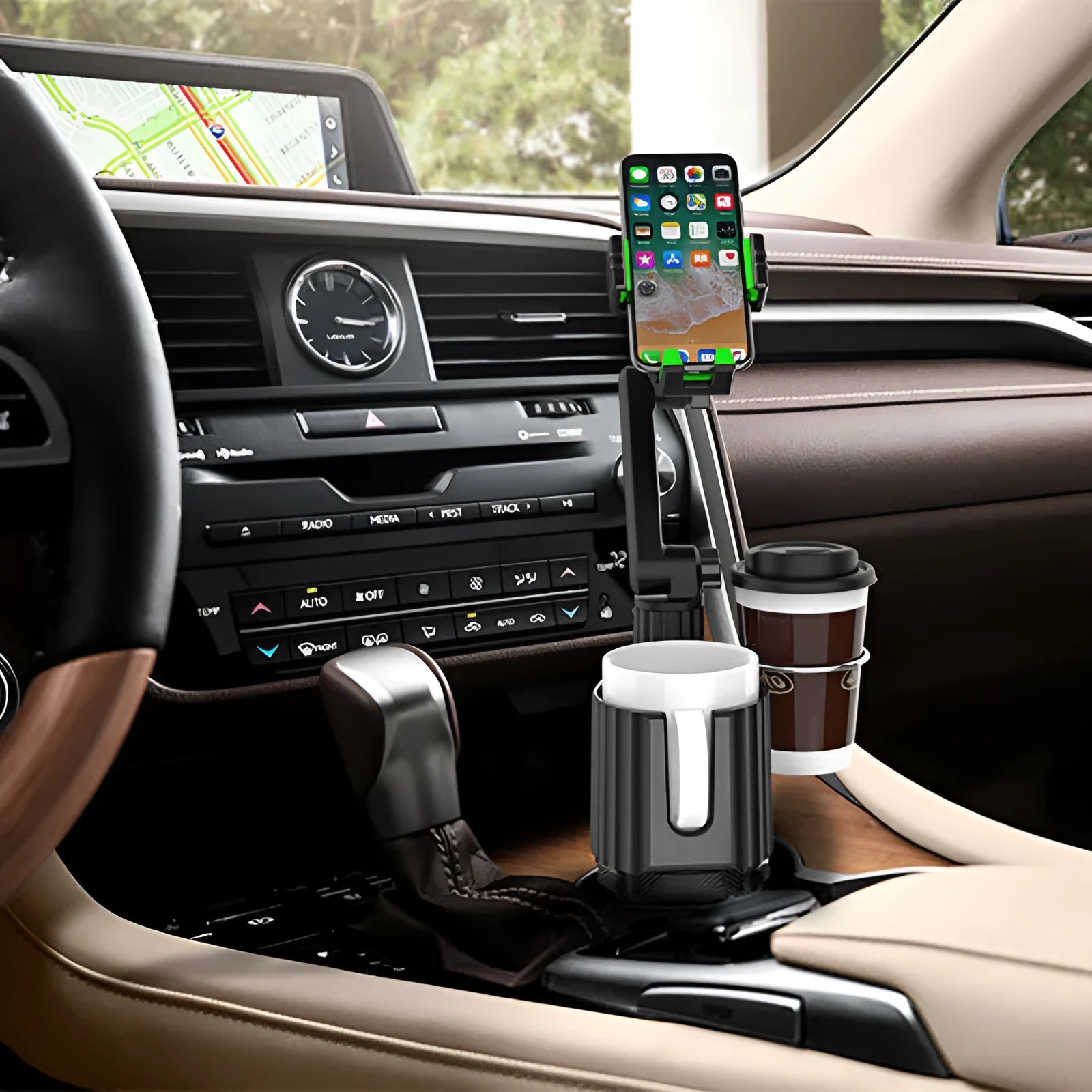 Grey and green car drink holder and mobile phone mount with ABS plastic construction