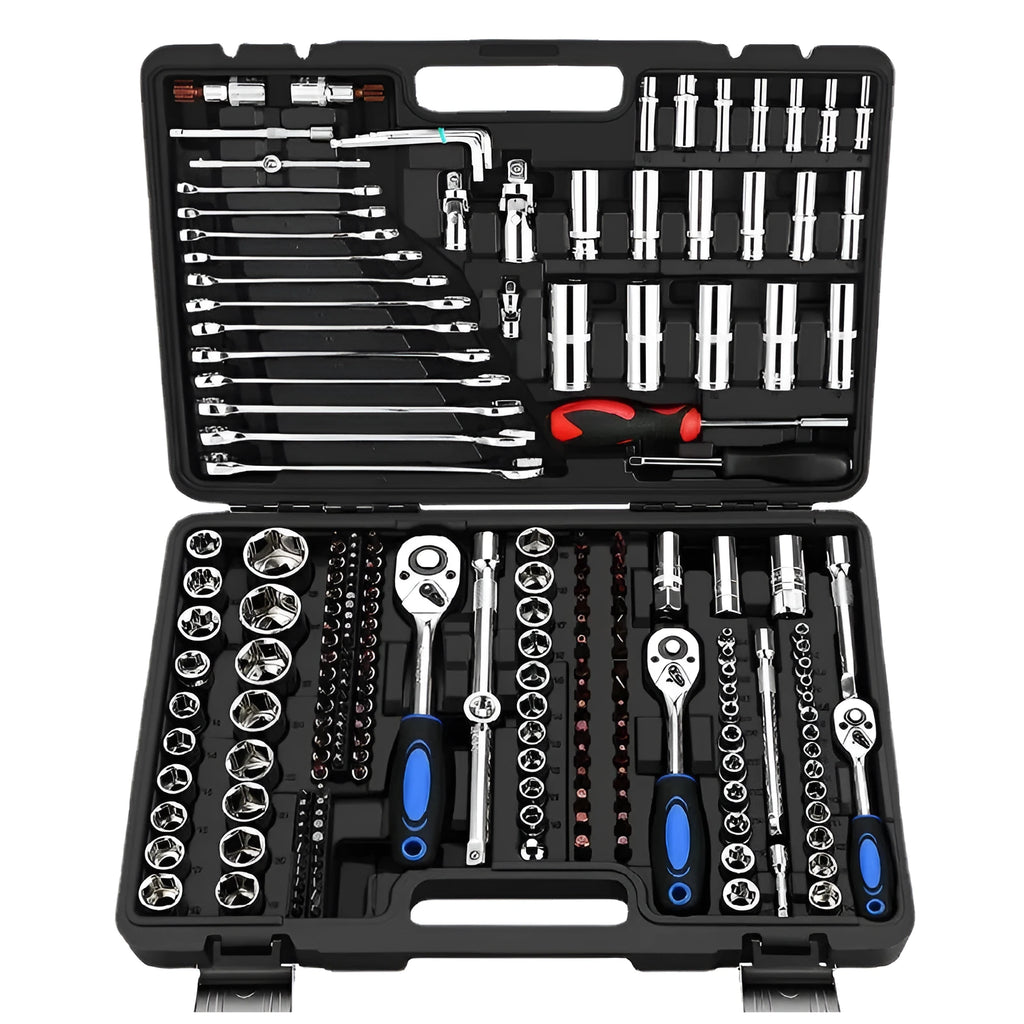 Cr-V chromium vanadium steel socket ratchet wrench set for DIY and auto repair.
