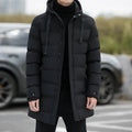 Men's long hooded polyester winter jacket in solid colour, windproof coat for outdoor wear