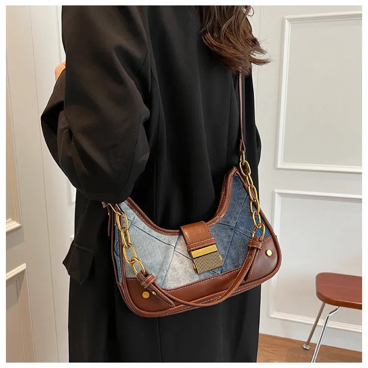 Brown denim women's shoulder bag with diamond mesh panels and chain straps