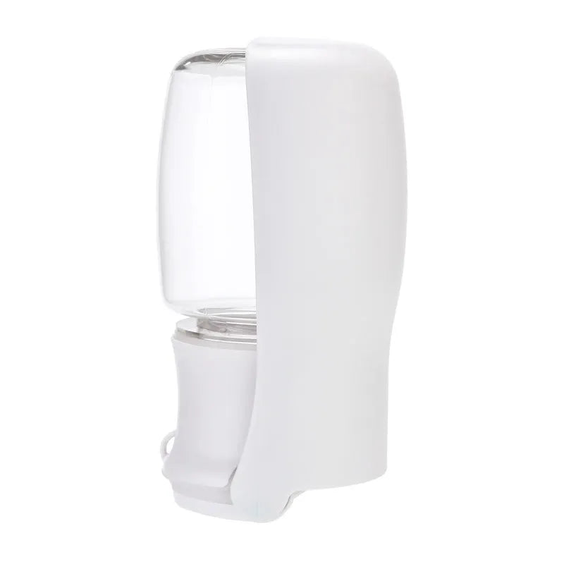 Blue foldable dog water bottle with dispenser cup extended, showing 550ml capacity marking.