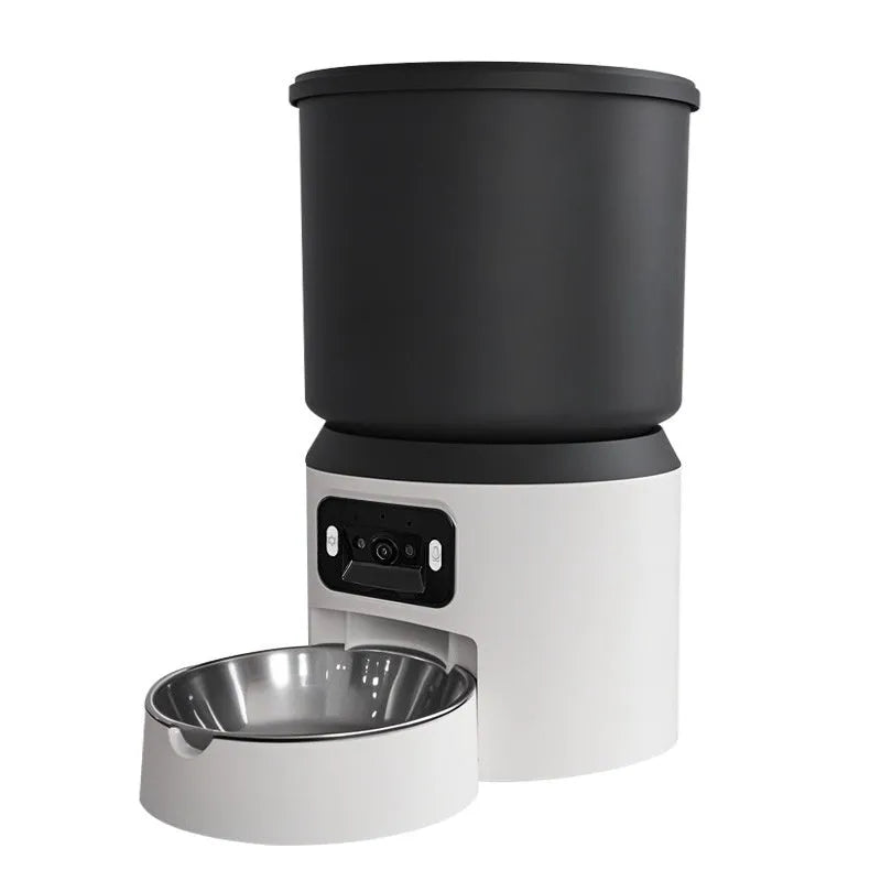 White 4L smart pet feeder with app control and optional camera on a kitchen floor.