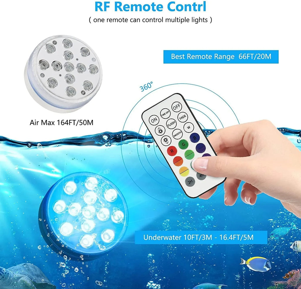 Remote control colour-changing underwater LED light with IP68 waterproof rating in a compact 7cm by 3cm ABS case.
