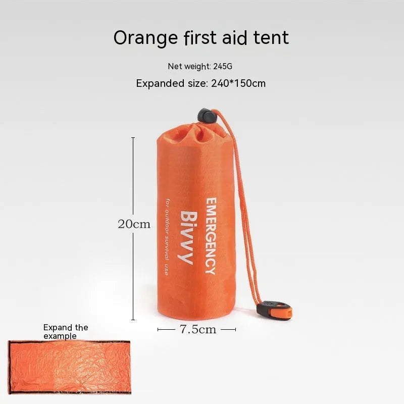 Orange disaster relief tent with sleeping bag and raincoat emergency package