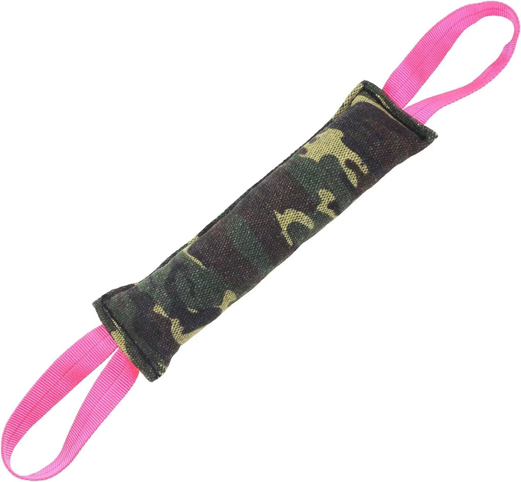 Beige and pink jute dog tug toy with two handles for tug of war games