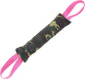 Beige and pink jute dog tug toy with two handles for tug of war games
