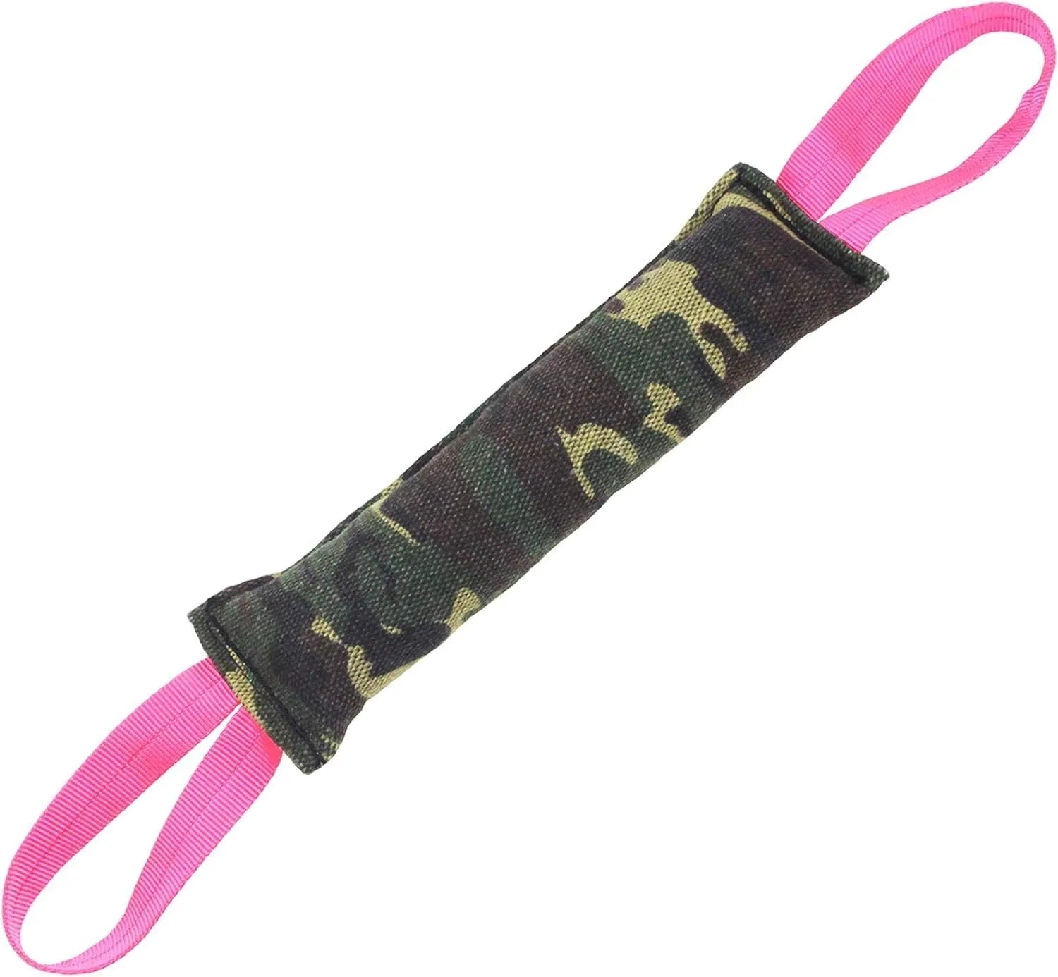 Beige and pink jute dog tug toy with two handles for tug of war games