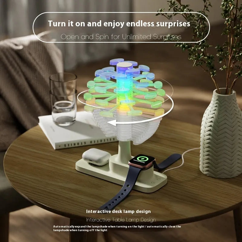 Spiral tree geometric LED table lamp on a table, showing its modern design and compact size.