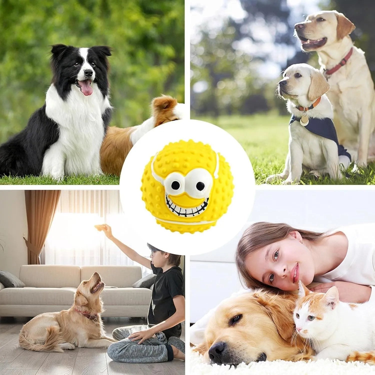Set of four colourful latex dog balls with smile faces, suitable for small and medium pets