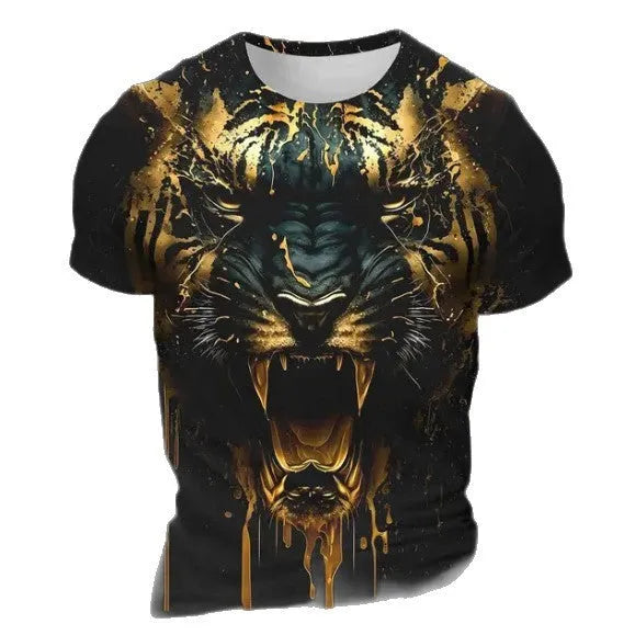 Men's short sleeve T-shirt showing detailed 3D tiger pattern digital printed on light grey bird eye polyester fabric